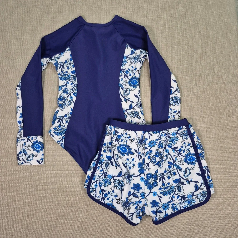 Girls Rash Guard Swimsuit Set Navy Blue Floral Long Sleeve UPF 50+ Size 8Y